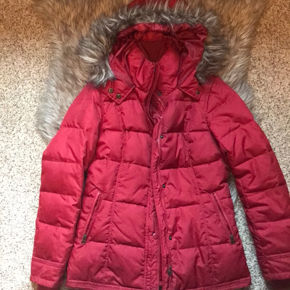 Red puffer coat